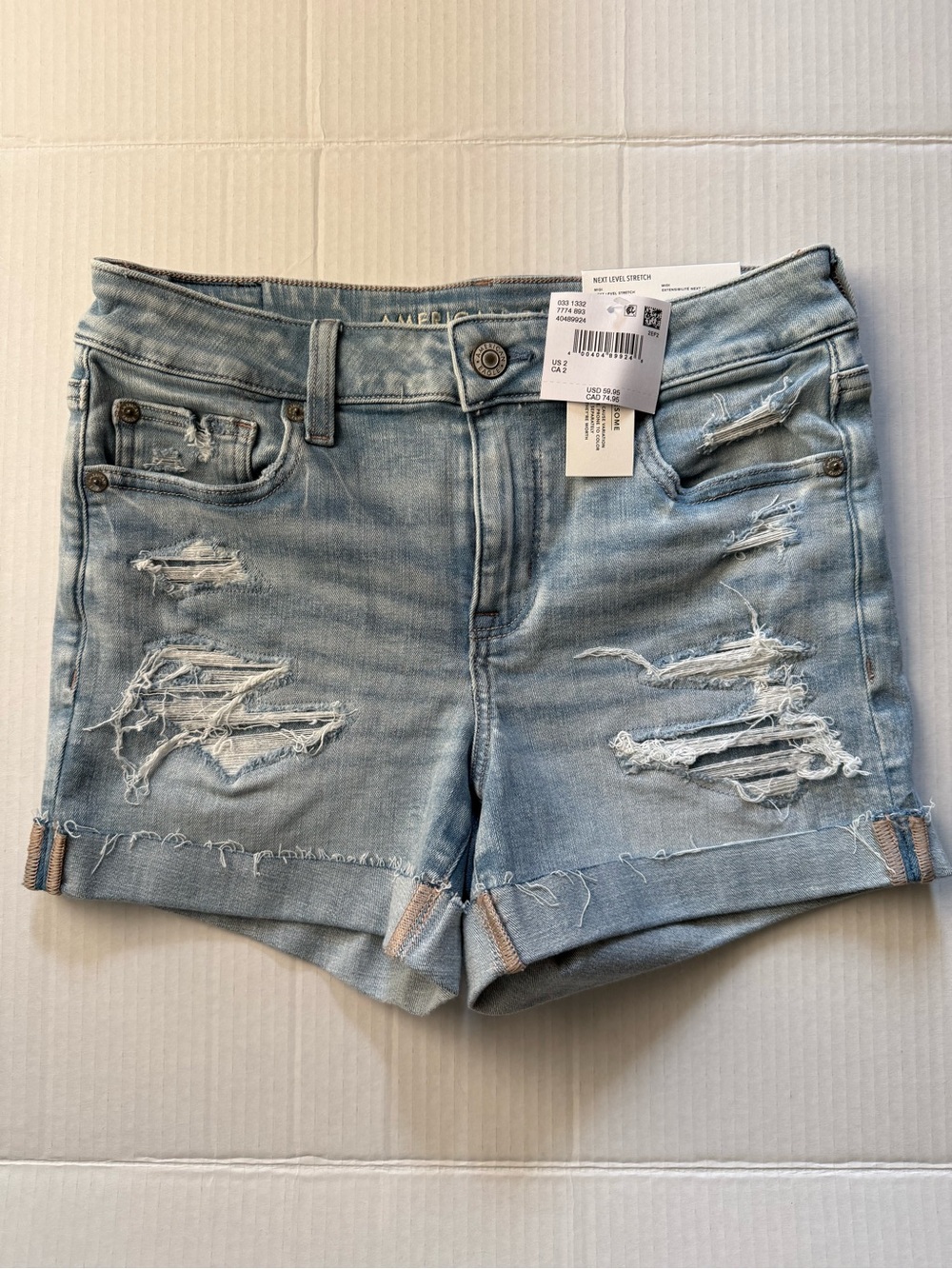NWT American Eagle Next Level Stretch Midi Denim Shorts Distressed Size 2